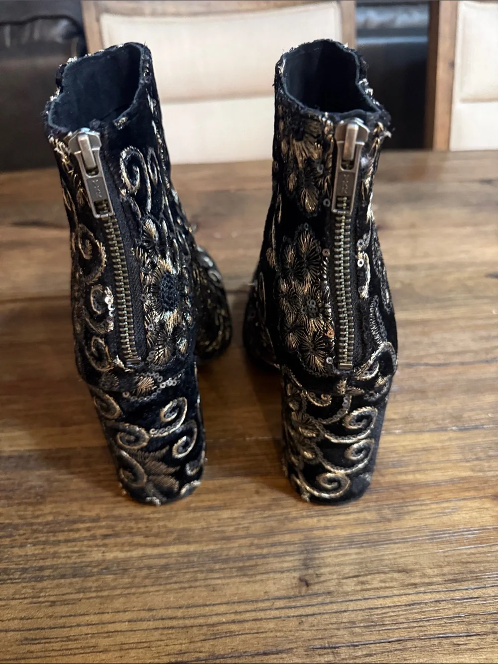 naughty monkey Black Velvet Embroidered Ankle Boots with Gold Sequin Detail